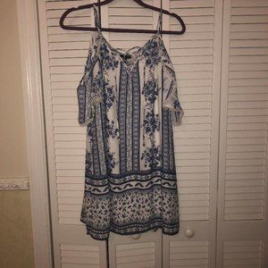 Blue Patterned Off the Shoulder Dress